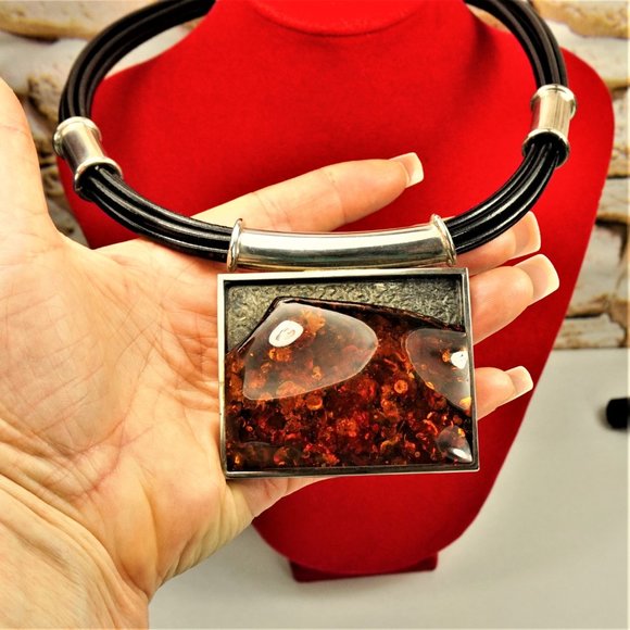 MASSIVE AMBER STERLING PENDANT MULTI LEATHER CORD NECKLACE, GIFT FOR WOMEN - Picture 2 of 11